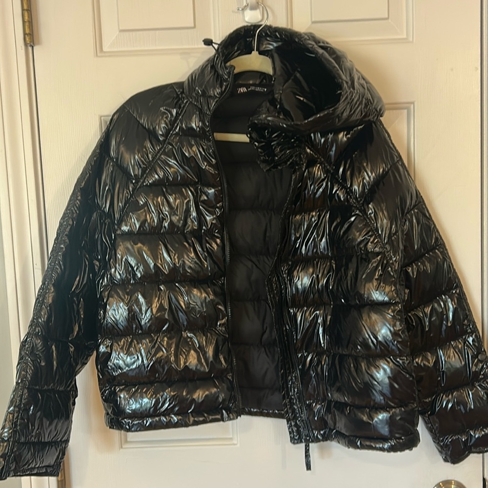 Zara Shiny Black Hooded Puffer Coat